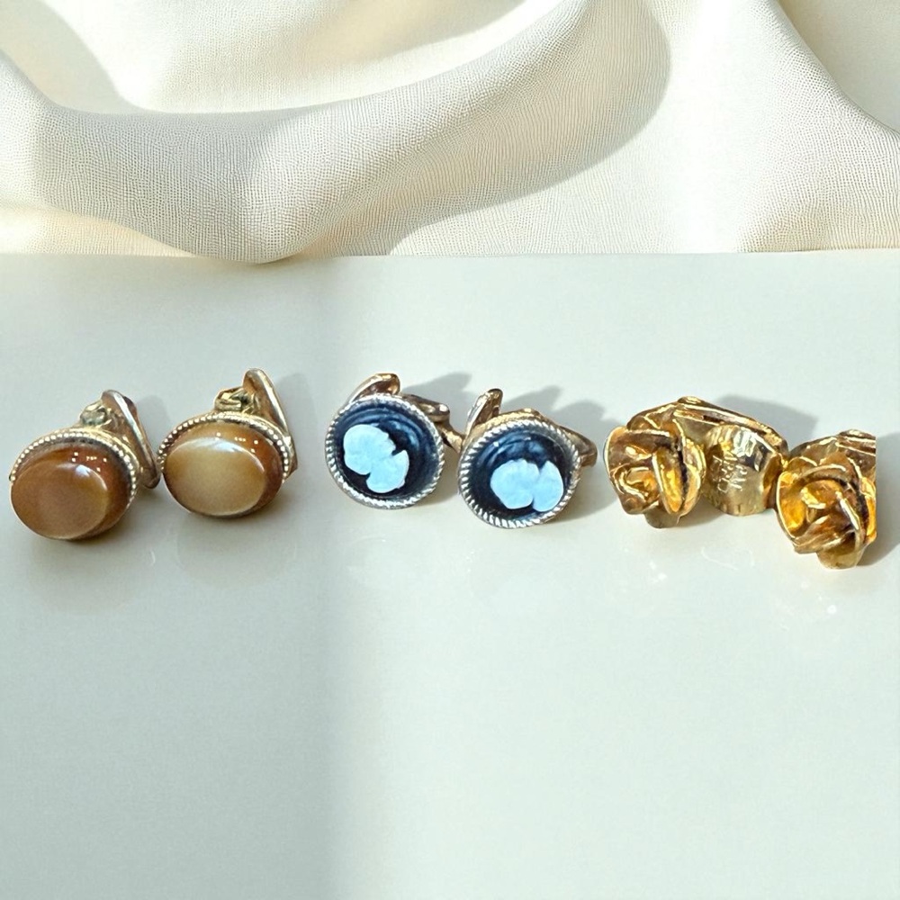 Vintage Lot of 3 Small Tiny Clip On Earrings Cameo Rose Stone Gold Tone